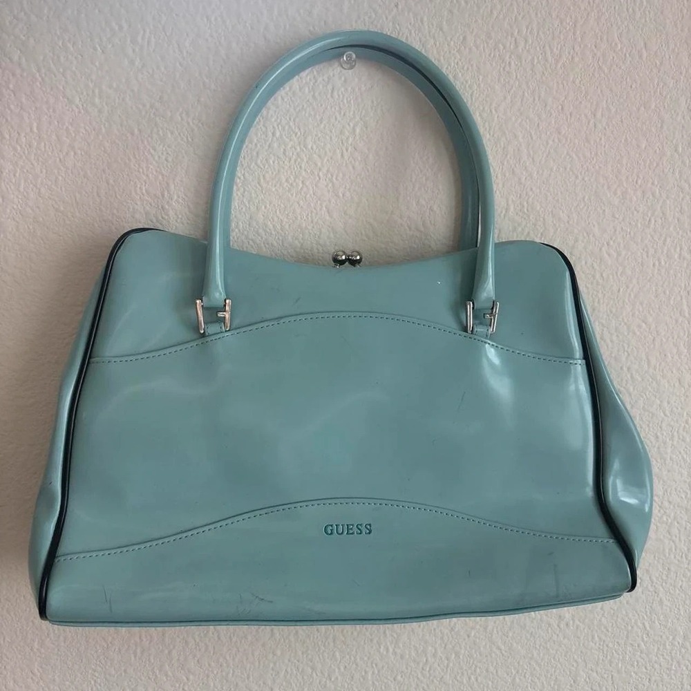 Vintage Guess Y2K Turquoise Blue Patent Leather Shoulder Bag Silver Hardware